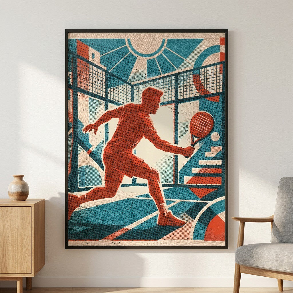 Padel player's intense focus, technique for decisive shot. Risograph vintage style art print. A unique limited edition wall art piece.