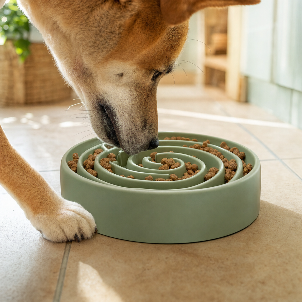 Chien mangeant dans sa gamelle anti-glouton - Patouilles